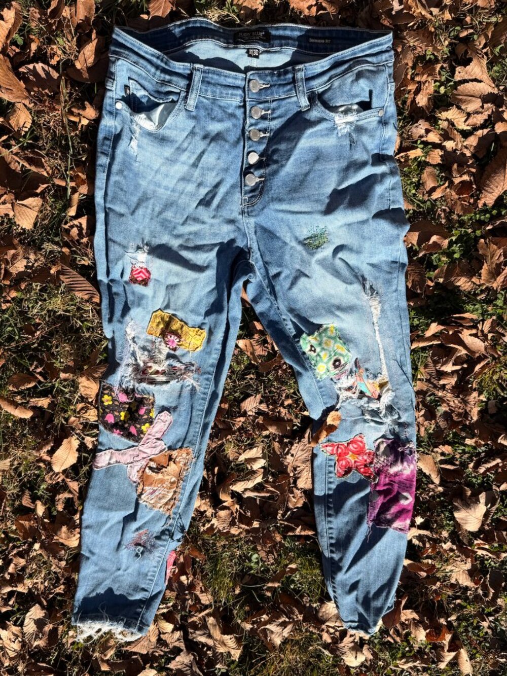 Judy Blue Boyfriend Jeans – Distressed & Hand-Patchwork Denim (Size 11/30)